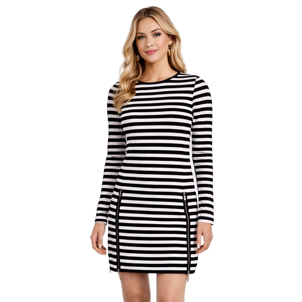 Michael Kors Striped Dress XS Navy Blue White Long Sleeve Zip Detail Bodycon